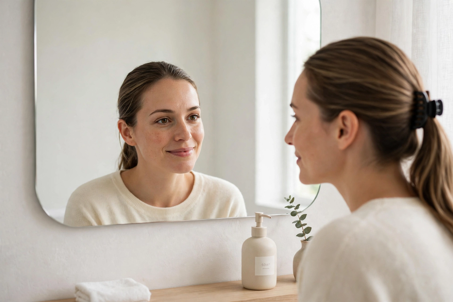 Woman checking her face shape in a mirror before choosing hair cuts for women.