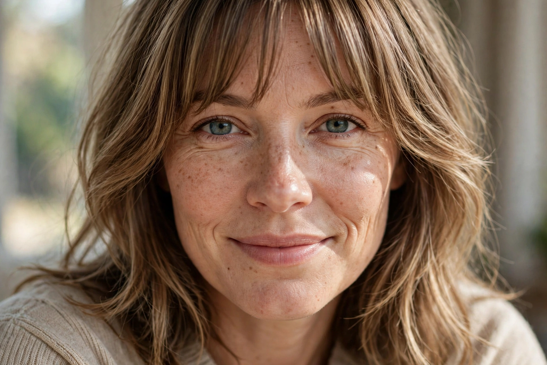 Woman with curtain bangs and face-framing layers — hair cuts with bangs for women.