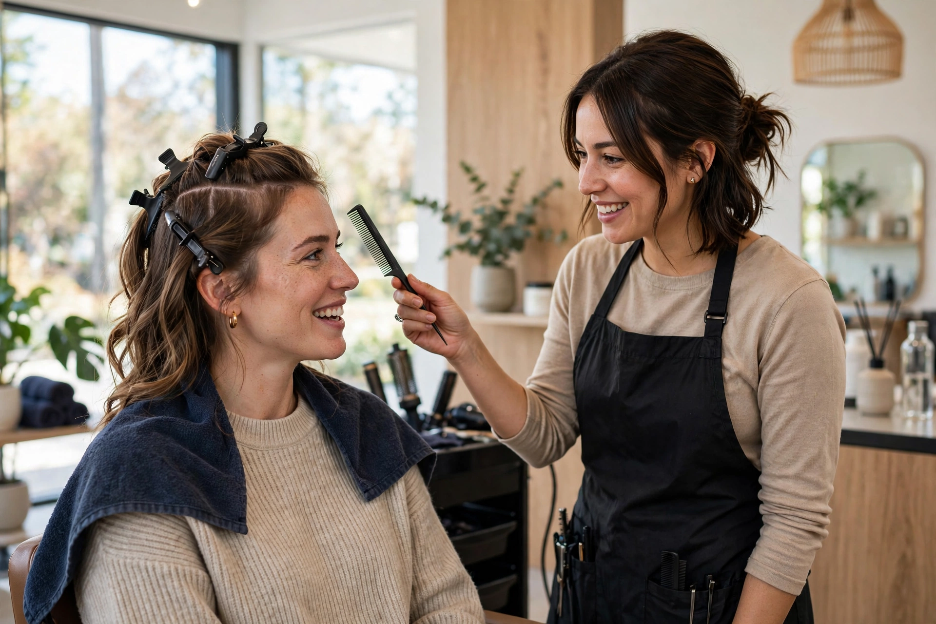 Woman discussing her haircut with a stylist in a salon — hair cuts for women consultation.