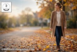 Woman wearing fall outfits with a camel coat, cream sweater and ankle boots on an autumn street