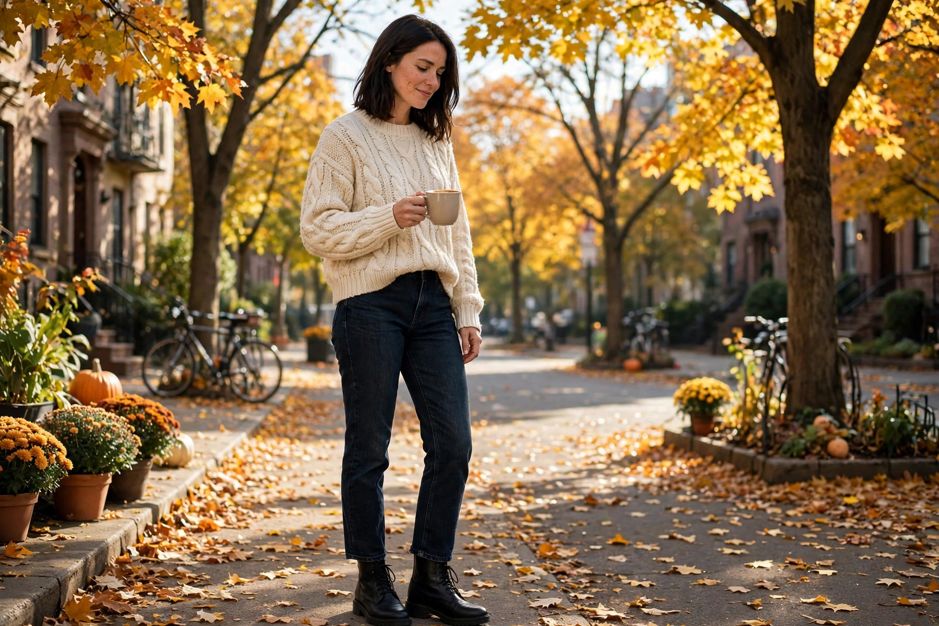 Casual fall outfits with cream sweater, dark jeans and ankle boots