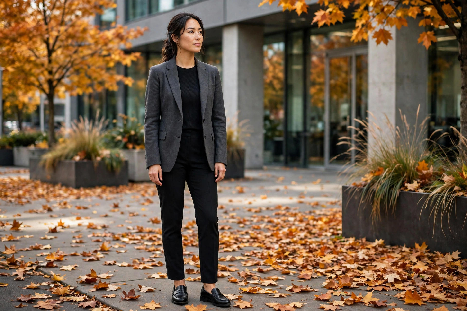 Smart fall outfits for work with blazer, knit top and tailored trousers