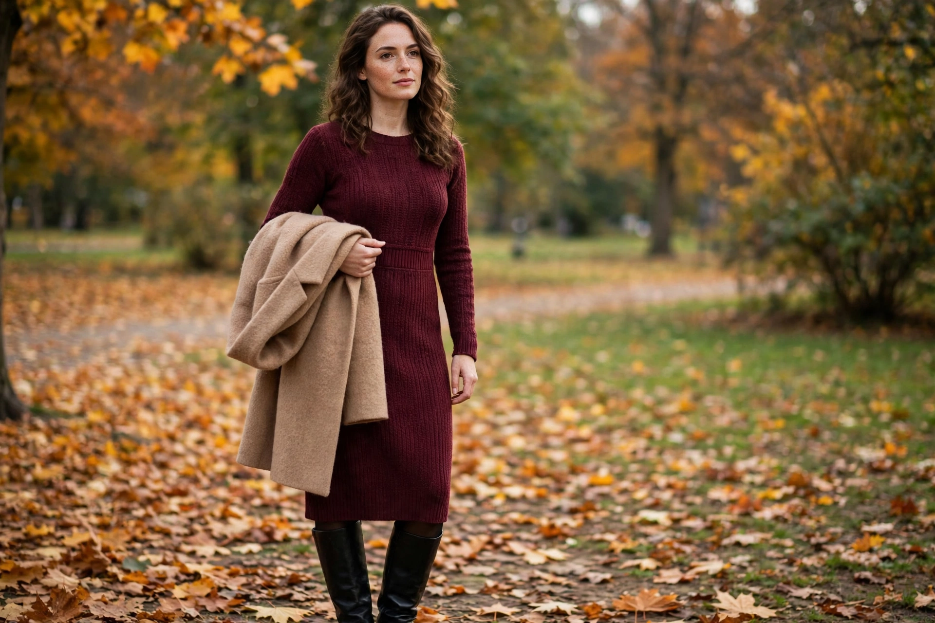Fall outfits with knit dress, tights and knee-high boots