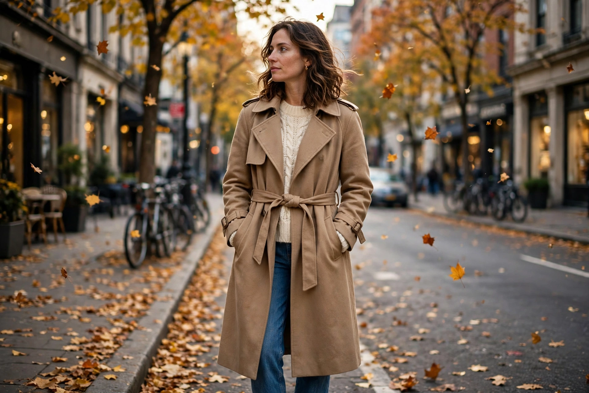 Fall outfits with camel trench coat over sweater and jeans