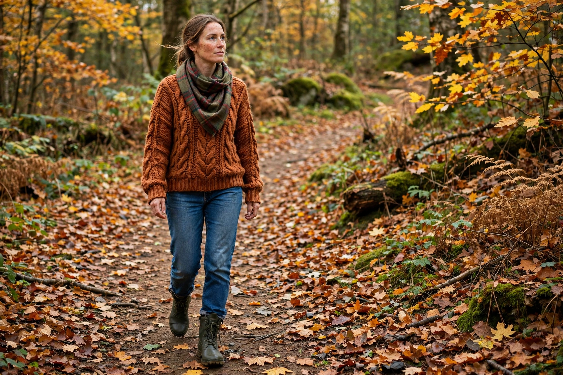 Cosy weekend fall outfits with chunky sweater, scarf and boots outdoors
