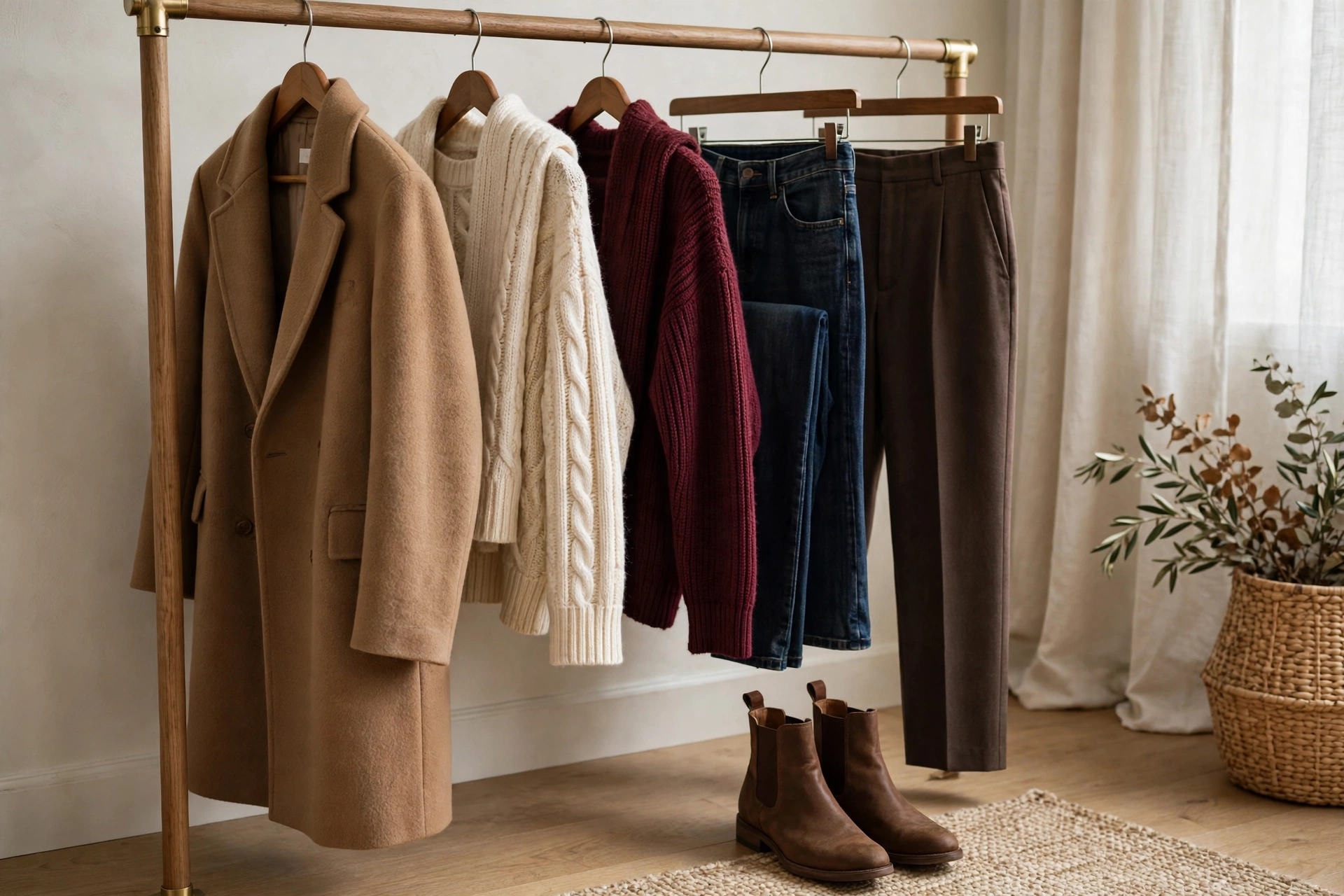 Fall outfits capsule wardrobe with coat, knits, jeans and boots on a rail